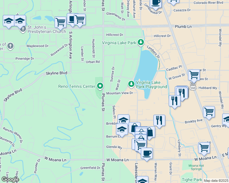 map of restaurants, bars, coffee shops, grocery stores, and more near 2650 Plumas Street in Reno