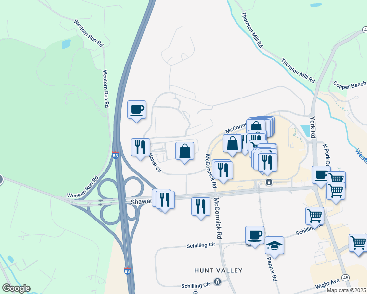 map of restaurants, bars, coffee shops, grocery stores, and more near 400 Symphony Circle in Cockeysville
