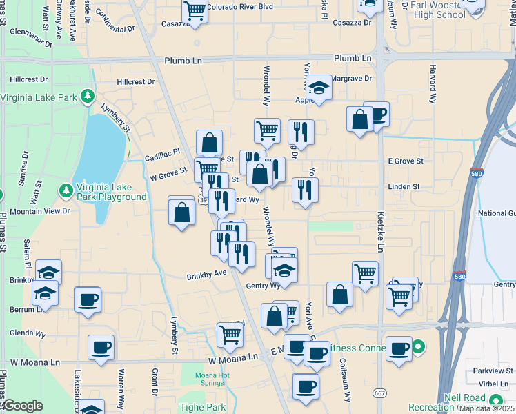 map of restaurants, bars, coffee shops, grocery stores, and more near 231 Gallaway Lane in Reno