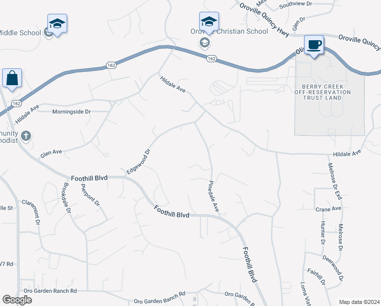 map of restaurants, bars, coffee shops, grocery stores, and more near 100 Pinedale Avenue in Oroville