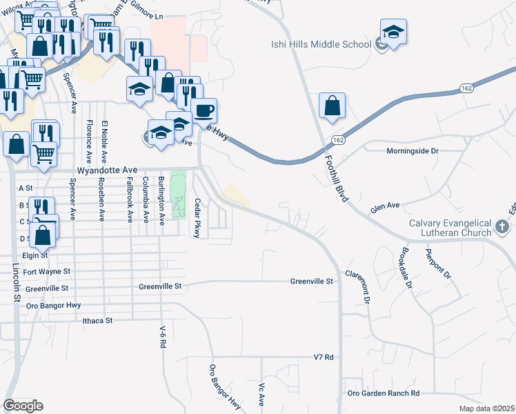 map of restaurants, bars, coffee shops, grocery stores, and more near 2991 Lower Wyandotte Road in Oroville