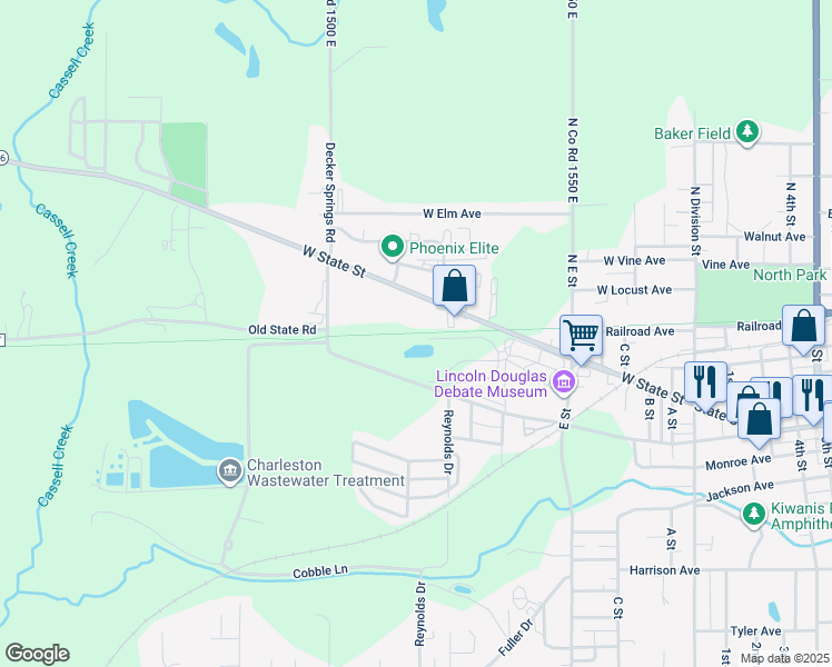 map of restaurants, bars, coffee shops, grocery stores, and more near Lincoln Prairie Grass Trail in Charleston