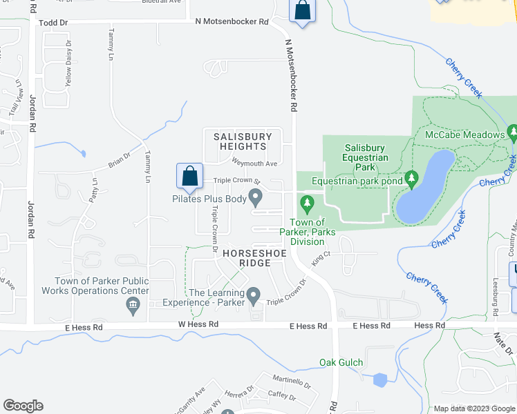 map of restaurants, bars, coffee shops, grocery stores, and more near 18141 Shadbury Lane in Parker