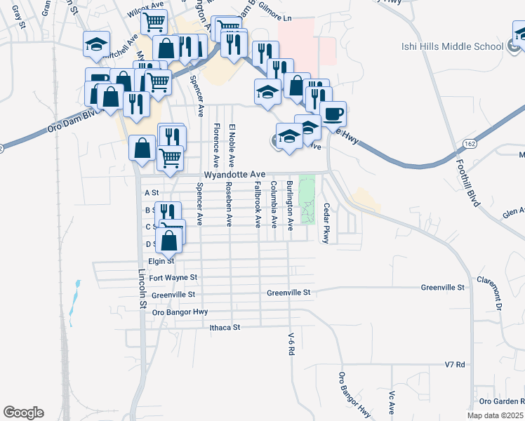map of restaurants, bars, coffee shops, grocery stores, and more near 3331 Fallbrook Avenue in Oroville