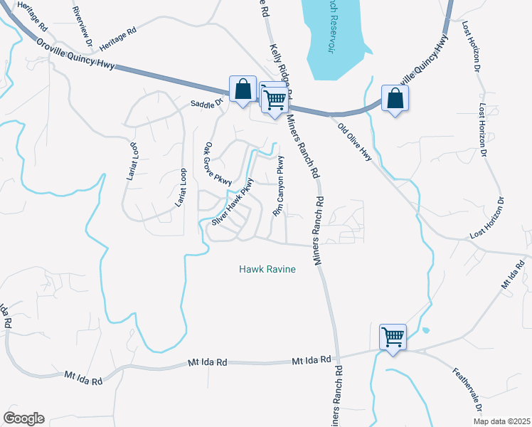 map of restaurants, bars, coffee shops, grocery stores, and more near 323 Ridgecrest Parkway in Oroville