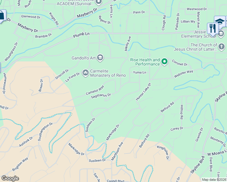 map of restaurants, bars, coffee shops, grocery stores, and more near 2410 Sagittarius Drive in Reno