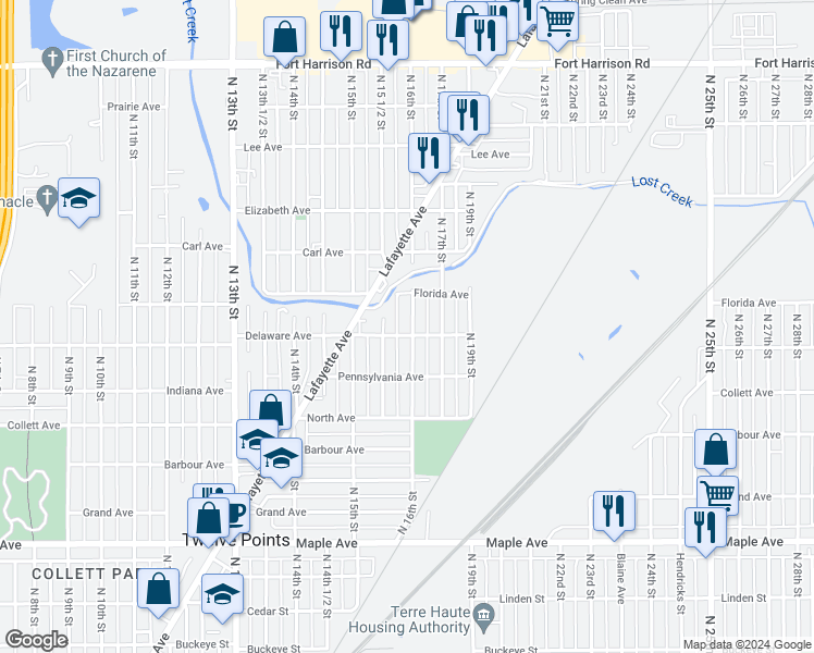 map of restaurants, bars, coffee shops, grocery stores, and more near 2604 North 16th Street in Terre Haute