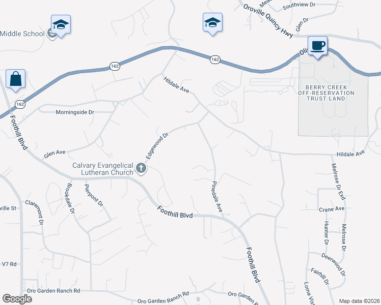 map of restaurants, bars, coffee shops, grocery stores, and more near 100 Pinedale Avenue in Oroville