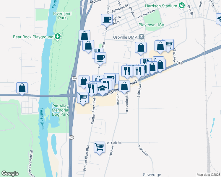 map of restaurants, bars, coffee shops, grocery stores, and more near 480 Oroville Dam Boulevard East in Oroville