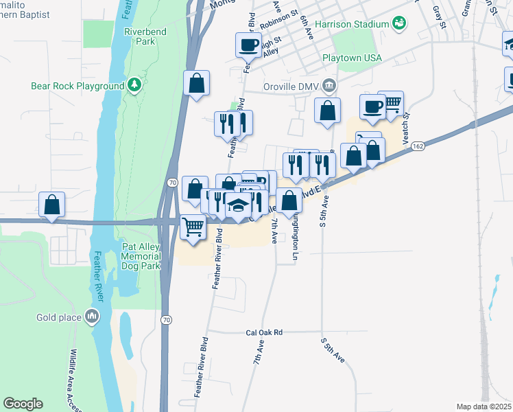 map of restaurants, bars, coffee shops, grocery stores, and more near 480 Oroville Dam Boulevard East in Oroville