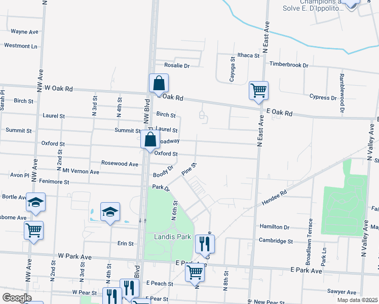 map of restaurants, bars, coffee shops, grocery stores, and more near 608 Oxford Street in Vineland