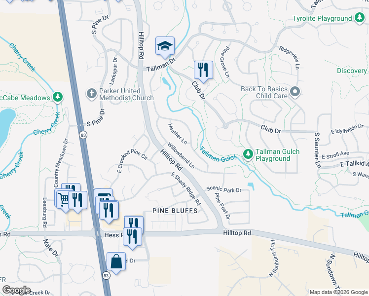 map of restaurants, bars, coffee shops, grocery stores, and more near in Parker