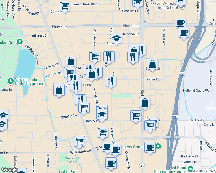 map of restaurants, bars, coffee shops, grocery stores, and more near 242 Linden Street in Reno