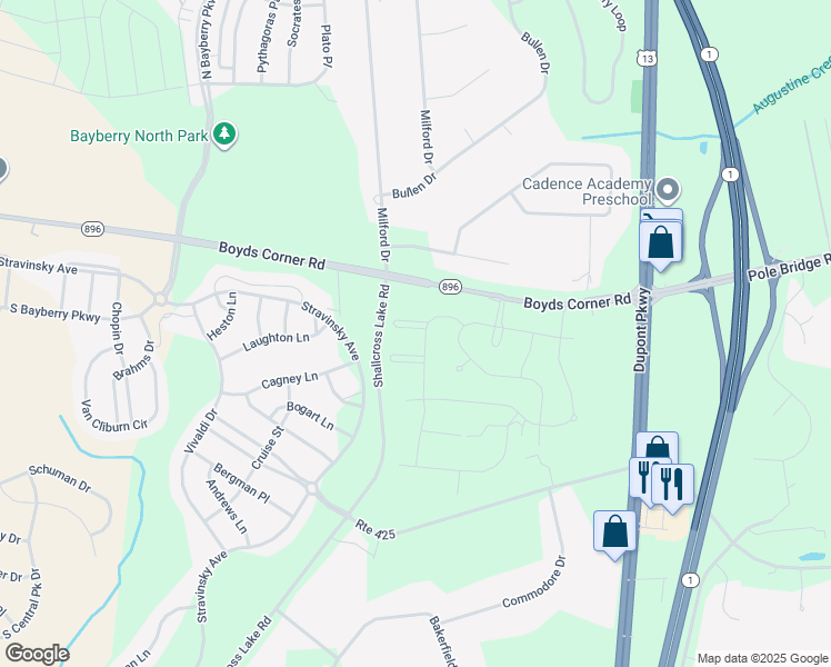 map of restaurants, bars, coffee shops, grocery stores, and more near 715 Flint Drive in Middletown