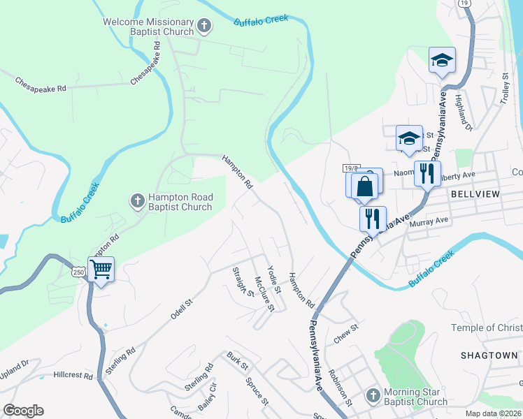 map of restaurants, bars, coffee shops, grocery stores, and more near 508 Hampton Road in Fairmont