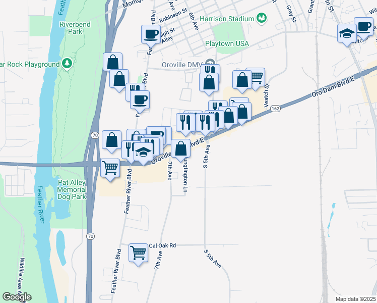 map of restaurants, bars, coffee shops, grocery stores, and more near 675 Oro Dam Boulevard West in Oroville