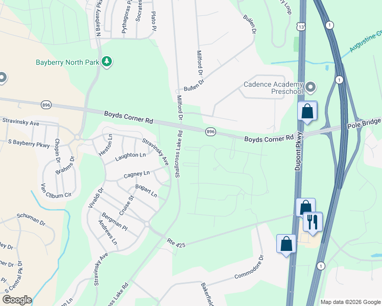 map of restaurants, bars, coffee shops, grocery stores, and more near 715 Flint Drive in Middletown