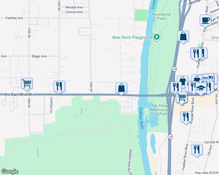 map of restaurants, bars, coffee shops, grocery stores, and more near 843 Center Lane in Oroville