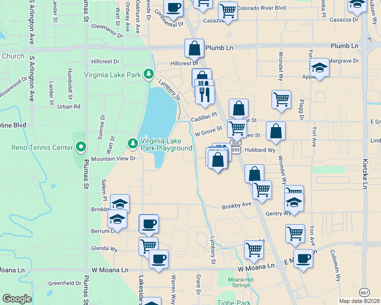 map of restaurants, bars, coffee shops, grocery stores, and more near 2490 Eastshore Place in Reno