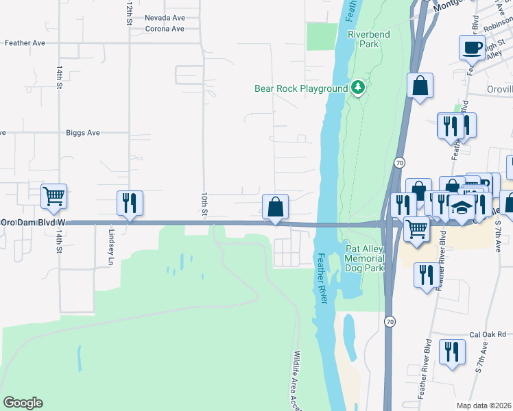 map of restaurants, bars, coffee shops, grocery stores, and more near 1013 Middlehoff Lane in Oroville