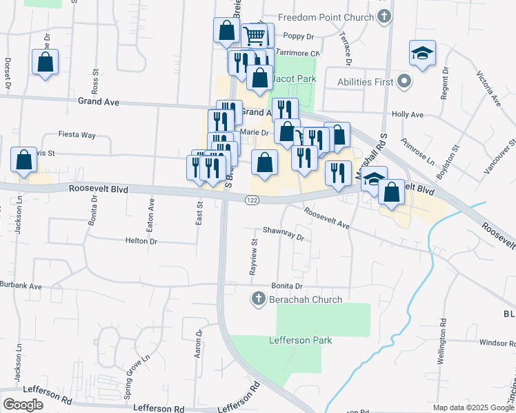 map of restaurants, bars, coffee shops, grocery stores, and more near 4414 Roosevelt Boulevard in Middletown