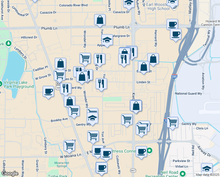 map of restaurants, bars, coffee shops, grocery stores, and more near in Reno