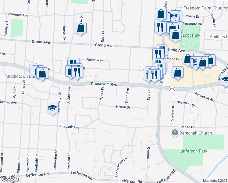 map of restaurants, bars, coffee shops, grocery stores, and more near 4000 Roosevelt Boulevard in Middletown