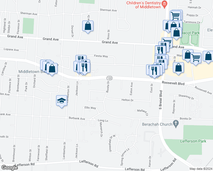 map of restaurants, bars, coffee shops, grocery stores, and more near 3900 Roosevelt Boulevard in Middletown