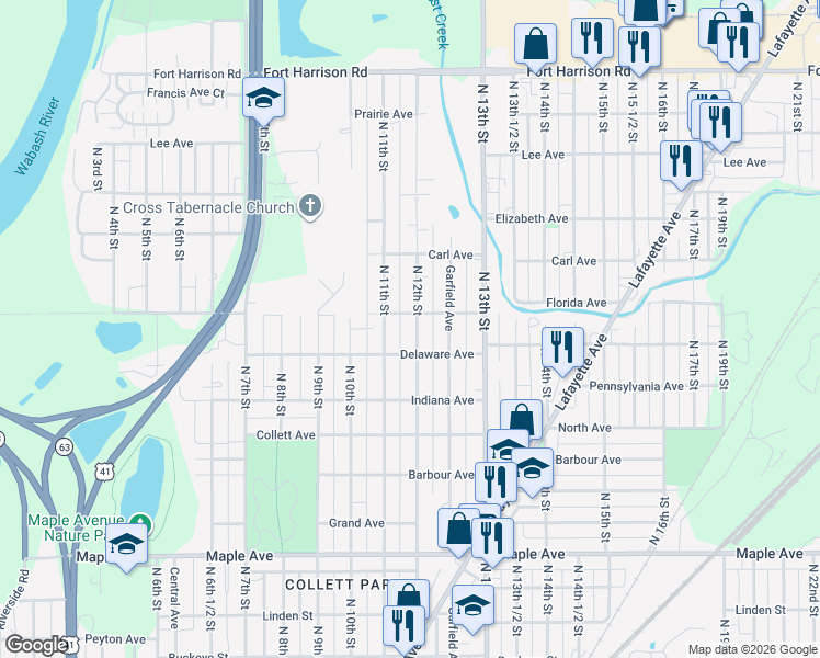 map of restaurants, bars, coffee shops, grocery stores, and more near 2701-2899 N 12th St in Terre Haute