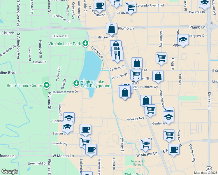 map of restaurants, bars, coffee shops, grocery stores, and more near 2490 Eastshore Place in Reno