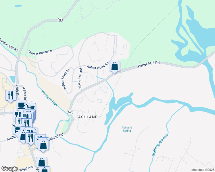 map of restaurants, bars, coffee shops, grocery stores, and more near 17 Snowberry Court in Cockeysville