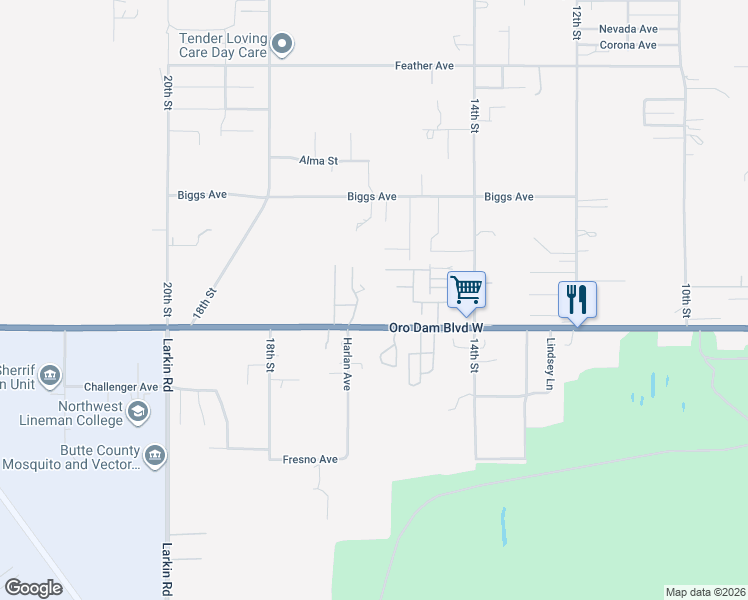 map of restaurants, bars, coffee shops, grocery stores, and more near 1616 Oro Dam Boulevard East in Oroville