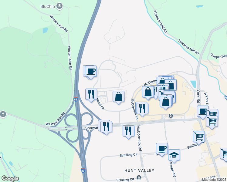 map of restaurants, bars, coffee shops, grocery stores, and more near 400 Symphony Circle in Cockeysville