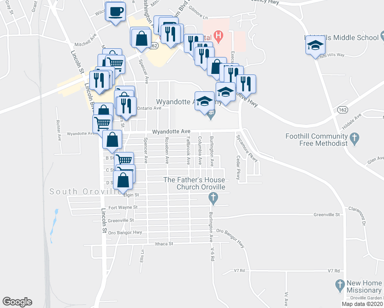 map of restaurants, bars, coffee shops, grocery stores, and more near 3281 Fallbrook Avenue in Oroville