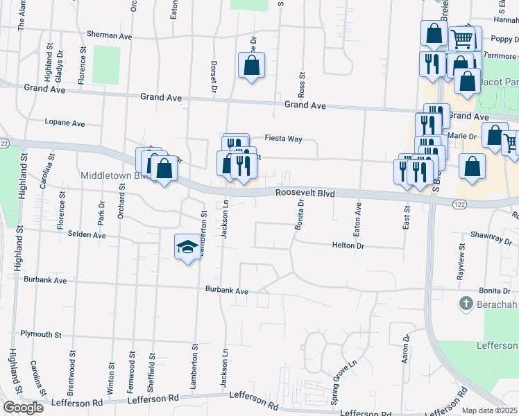 map of restaurants, bars, coffee shops, grocery stores, and more near 3616 Roosevelt Boulevard in Middletown