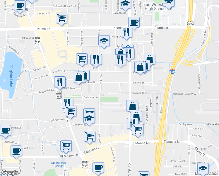 map of restaurants, bars, coffee shops, grocery stores, and more near 450 Linden Street in Reno