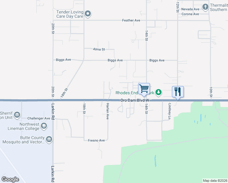 map of restaurants, bars, coffee shops, grocery stores, and more near 1616 Oro Dam Boulevard West in Oroville