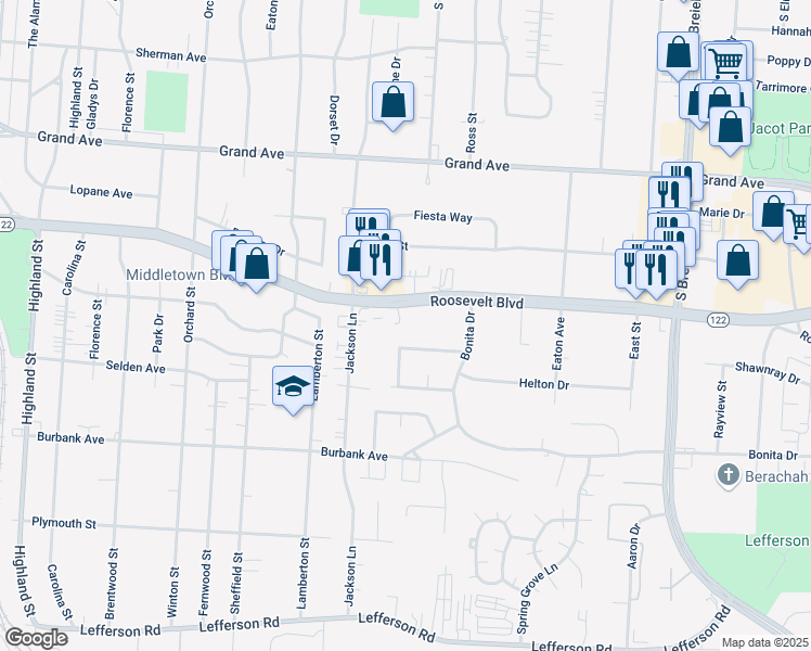 map of restaurants, bars, coffee shops, grocery stores, and more near 3616 Roosevelt Boulevard in Middletown