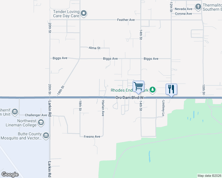 map of restaurants, bars, coffee shops, grocery stores, and more near 1616 Oro Dam Boulevard West in Oroville