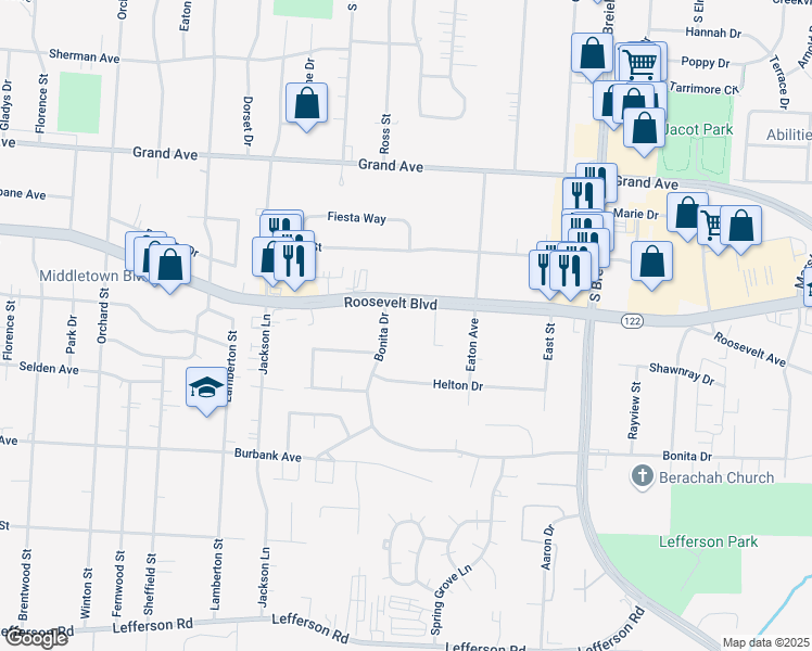 map of restaurants, bars, coffee shops, grocery stores, and more near 3944 Roosevelt Boulevard in Middletown