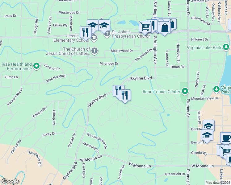 map of restaurants, bars, coffee shops, grocery stores, and more near 757 Skyline Boulevard in Reno