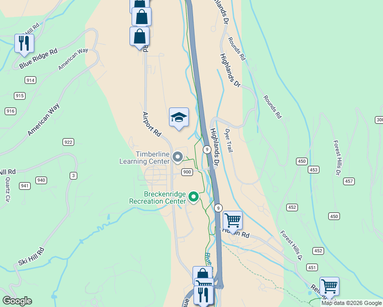 map of restaurants, bars, coffee shops, grocery stores, and more near 124 Tassels Loop in Breckenridge