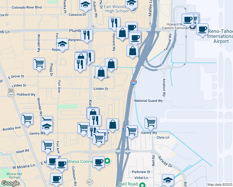 map of restaurants, bars, coffee shops, grocery stores, and more near 2300 Harvard Way in Reno