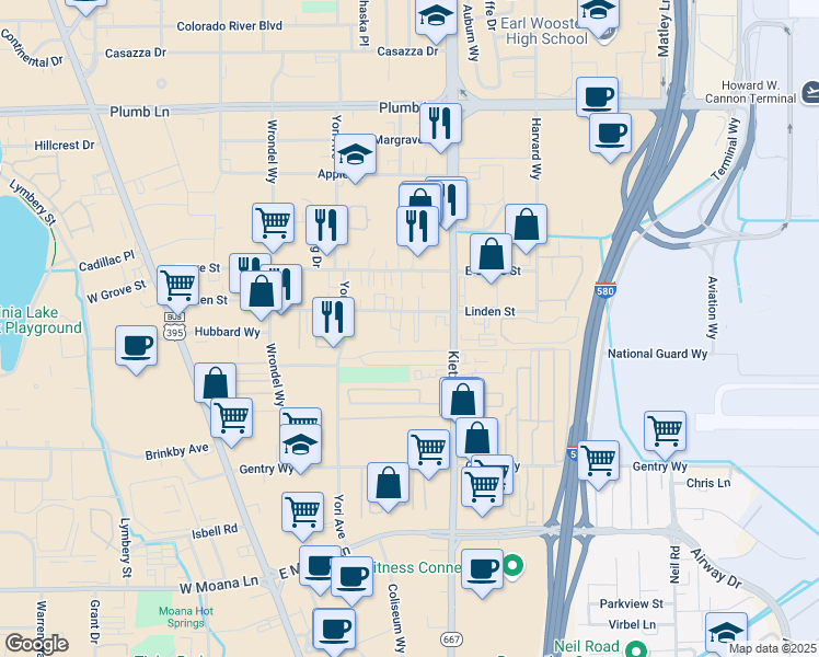 map of restaurants, bars, coffee shops, grocery stores, and more near 450 Linden Street in Reno