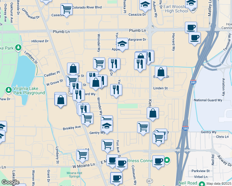 map of restaurants, bars, coffee shops, grocery stores, and more near 242 Linden Street in Reno