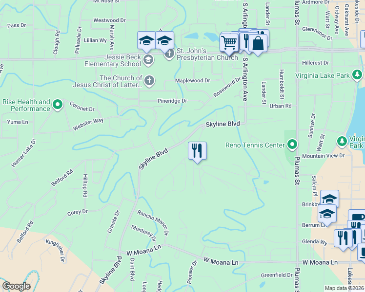 map of restaurants, bars, coffee shops, grocery stores, and more near 757 Skyline Boulevard in Reno