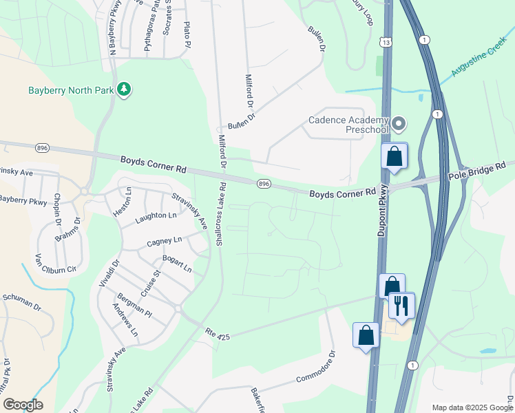 map of restaurants, bars, coffee shops, grocery stores, and more near 715 Flint Drive in Middletown