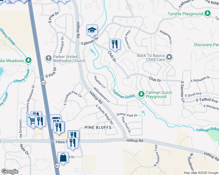 map of restaurants, bars, coffee shops, grocery stores, and more near 11947 Meadowood Lane in Parker