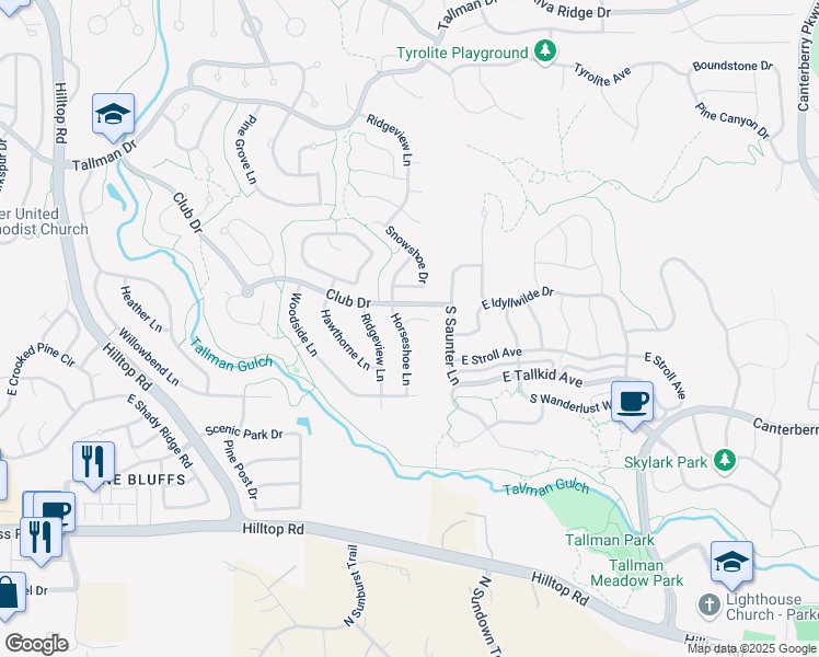 map of restaurants, bars, coffee shops, grocery stores, and more near 11945 Horseshoe Lane in Parker