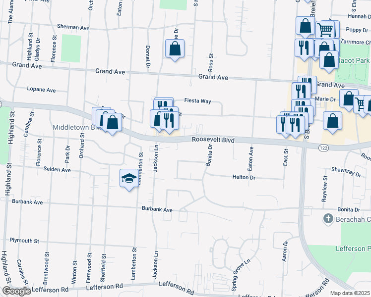 map of restaurants, bars, coffee shops, grocery stores, and more near 3616 Roosevelt Boulevard in Middletown